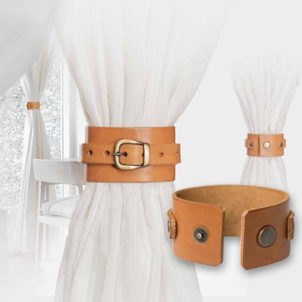 (2)  SUJETA CORTINA de cuero.  Ideal para cortinas y toallas. Fácil ajuste, sencillo y elegante.