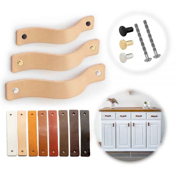 Tirador Manija de cuero. [6 PCS] Ajustable a cualquier mueble. 3 colores de embellecedor.